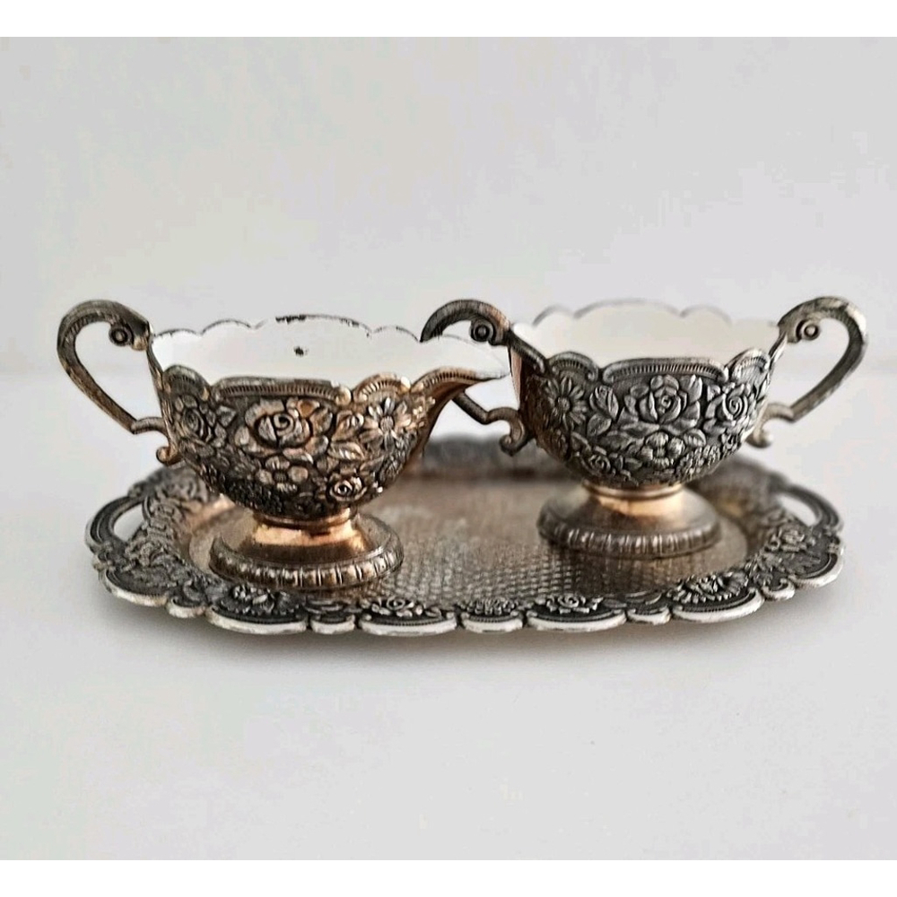 Creamer & Sugar Set Floral Rose Silver Plate Overlay on Porcelain Enamel Vintage